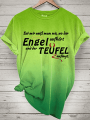 “With me, you never know where the angel ends and the devil begins.” Women's round-neck T-shirt.