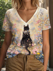 Damen-Katzen-Kunstdruck lässig V-Ausschnitt T-Shirt