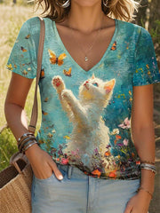 Damen-Katzen-Kunstdruck lässig V-Ausschnitt T-Shirt