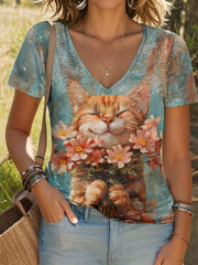 Damen-Katzen-Kunstdruck lässig V-Ausschnitt T-Shirt