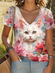 Damen-Katzen-Kunstdruck lässig V-Ausschnitt T-Shirt