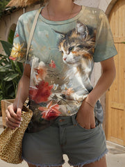 Katzen-Kunstdruck für Frauen lässig T-Shirt