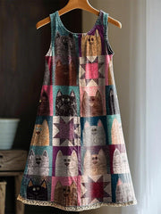 Künstlerisches Katzen-Patchwork-Design-Print-Kleid für Frauen
