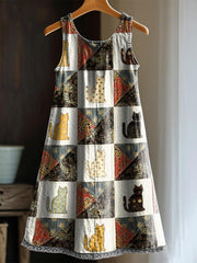Künstlerisches Katzen-Patchwork-Design-Print-Kleid für Frauen