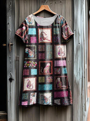 Künstlerisches Katzen-Patchwork-Design-Print-Kleid für Frauen