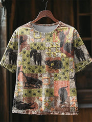 Künstlerisches Katzen-Patchwork-Design-Print-T-Shirt für Frauen
