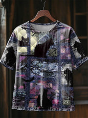 Künstlerisches Katzen-Patchwork-Design-Print-T-Shirt für Frauen