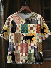 Künstlerisches Katzen-Patchwork-Design-Print-T-Shirt für Frauen