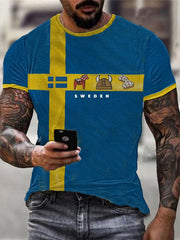 Schwedische Flagge der Männer, Dalama, Wikinger Helm, Zimtrollen-Muster mit kurzen Ärmeln T-Shirt