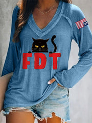 Women's Black Cat FDT (Foxtrot Delta Tango) V-Neck Long-Sleeve Top