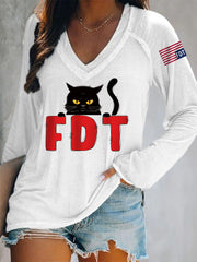 Women's Black Cat FDT (Foxtrot Delta Tango) V-Neck Long-Sleeve Top