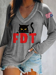 Women's Black Cat FDT (Foxtrot Delta Tango) V-Neck Long-Sleeve Top