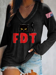 Women's Black Cat FDT (Foxtrot Delta Tango) V-Neck Long-Sleeve Top
