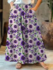 Frauen Alzheimer-Bewusstsein Lila Blume Bedrucktes Baumwoll Leinen rock Kleid