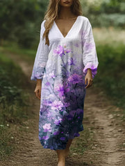 Frauen Alzheimer-Bewusstsein Lila Blumen bedruckt V-Ausschnitt Baumwolle Leinen bequemes lang ärmel iges Maxi kleid