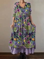 Frauen Alzheimer Bewusstsein Lila Blume Bedrucktes Baumwoll Leinen Langarm Maxi kleid