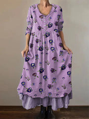 Frauen Alzheimer Bewusstsein Lila Blume Bedrucktes Baumwoll Leinen Langarm Maxi kleid