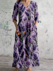 Frauen Alzheimer-Bewusstsein Lila Blumen bedruckt V-Ausschnitt Baumwolle Leinen bequemes lang ärmel iges Maxi kleid