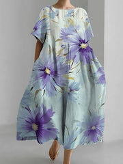 Frauen Alzheimer-Bewusstsein Lila Blumen bedruckt V-Ausschnitt Baumwolle Leinen bequemes Kurzarm-Maxi kleid