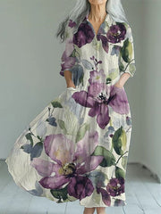 Frauen Alzheimer Bewusstsein Lila Blume Bedrucktes Baumwoll Leinen Langarm Maxi kleid