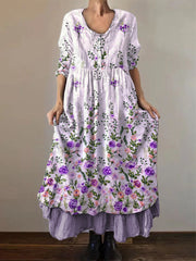 Frauen Alzheimer Bewusstsein Lila Blume Bedrucktes Baumwoll Leinen Langarm Maxi kleid