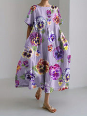 Frauen Alzheimer Bewusstsein Lila Blume Bedrucktes Baumwoll Leinen Kurzarm Maxi kleid