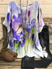 Frauen Alzheimer-Bewusstsein Lila Blumen druck O-Ausschnitt Baumwolle Leinen-Shirt