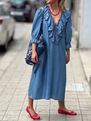 Damen einfarbig lässig lockere Rüsche mit V-Ausschnitt 3/4 Ärmel Leinen kleid aus Baumwolle