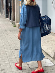 Damen einfarbig lässig lockere Rüsche mit V-Ausschnitt 3/4 Ärmel Leinen kleid aus Baumwolle