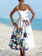 Frauen Schildkröte Bedrucktes Baumwoll Leinen Kamisole Maxi kleid