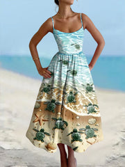 Damen Schildkröte Bedrucktes Baumwoll Leinen Kamisole Maxi kleid