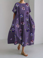 Frauen Alzheimer-Bewusstsein Lila Blume Bedruckt Baumwolle Leinen Maxi kleid