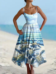 Damen Schildkröte Bedrucktes Baumwoll Leinen Kamisole Maxi kleid