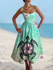 Damen Schildkröte Bedrucktes Baumwoll Leinen Kamisole Maxi kleid