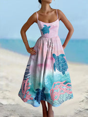 Damen Schildkröte Bedrucktes Baumwoll Leinen Kamisole Maxi kleid