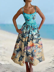 Damen Schildkröte Bedrucktes Baumwoll Leinen Kamisole Maxi kleid