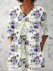 Frauen Alzheimer-Bewusstsein Lila Blumen druck V-Ausschnitt Baumwolle und Leinen Langarm-Shirt