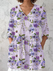 Frauen Alzheimer-Bewusstsein Lila Blumen druck V-Ausschnitt Baumwolle und Leinen Langarm-Shirt