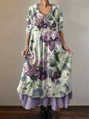 Frauen Alzheimer Bewusstsein Lila Blume Bedrucktes Baumwoll Leinen Langarm Maxi kleid