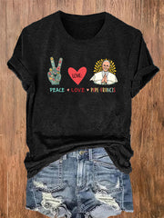 Peace Love Print manga corta cuello redondo algodón camiseta de las mujeres